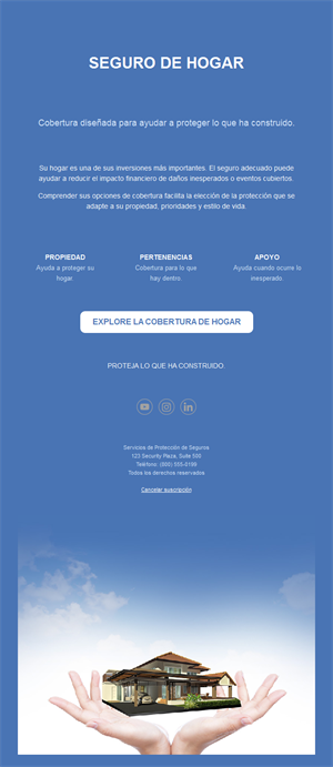 Email de seguro de hogar con casa en las manos