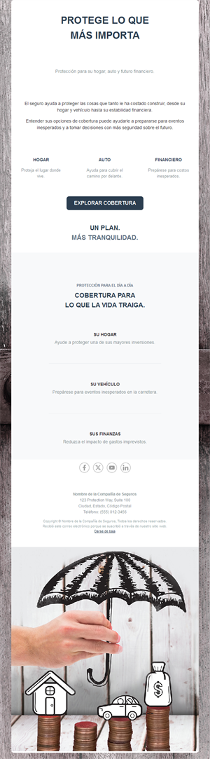 Email de seguro de hogar, coche y finanzas