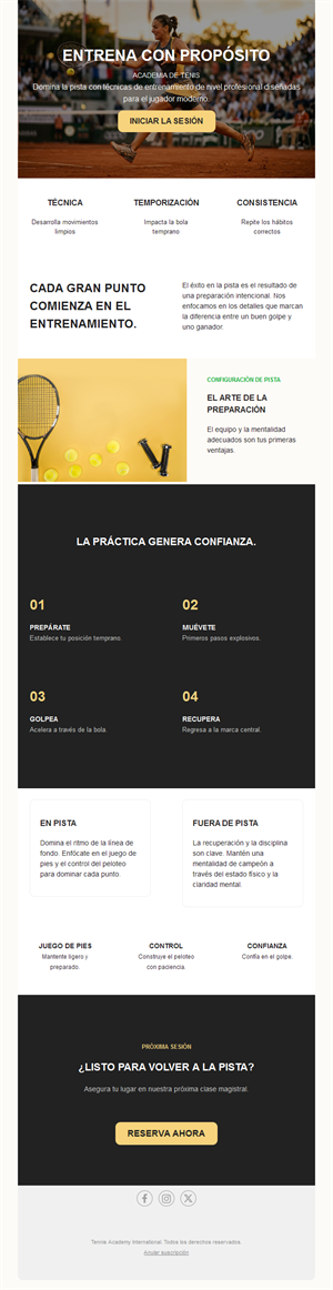 Email de entrenamiento de academia de tenis