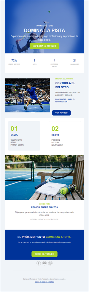 Newsletter azul de torneo de tenis