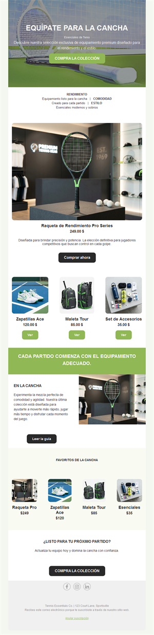 Email de tienda de material de tenis