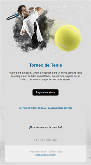 Email de inscripción a torneo de tenis