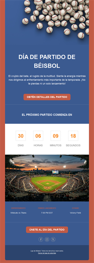 Email de partido de béisbol con cuenta atrás