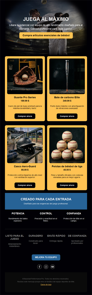 Email de venta de equipamiento de béisbol