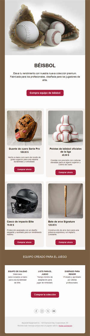 Email de tienda de material de béisbol