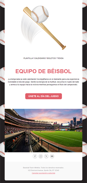 Invitación por email al día de partido de béisbol