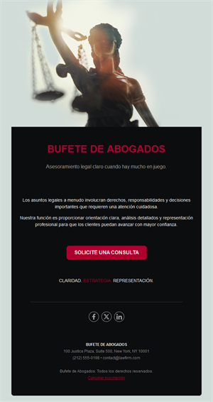 Email de despacho de abogados negro y rojo