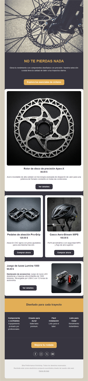 Email de tienda de componentes para bicicleta