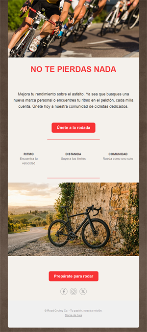 Invitación por email a una salida de club ciclista
