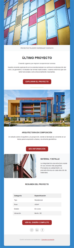 Newsletter de arquitectura con fachadas de color
