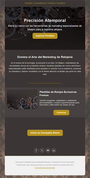 Email de marketing relojero oscuro y dorado