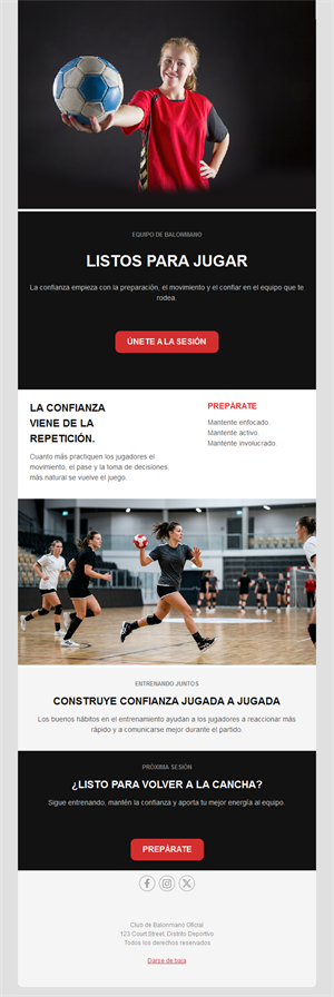 Email de sesión de entrenamiento de balonmano