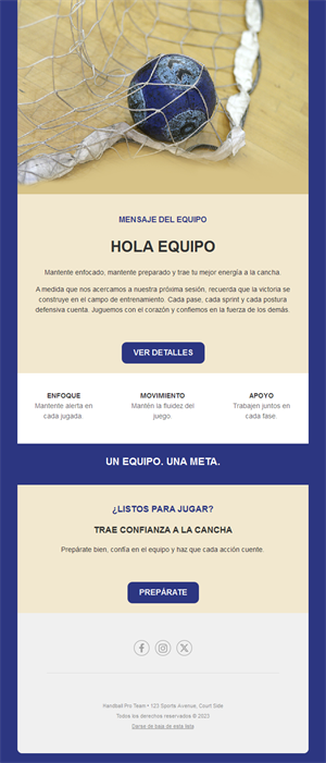 Email de mensaje al equipo de balonmano