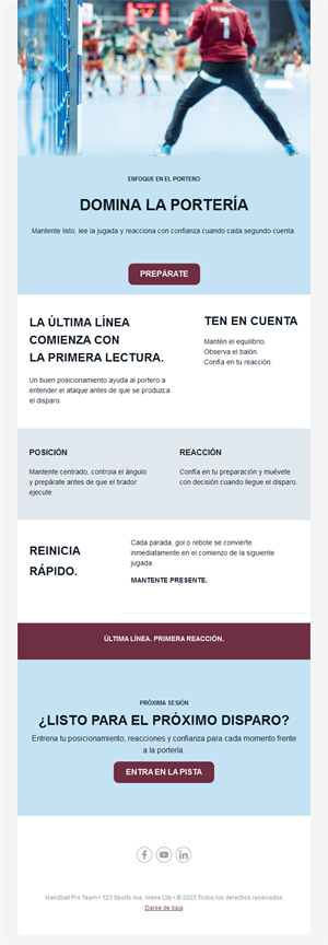 Email de entrenamiento de porteros de balonmano