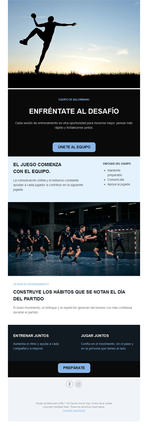 Email de captación para equipo de balonmano