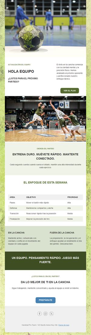 Email de equipo de balonmano con plan semanal
