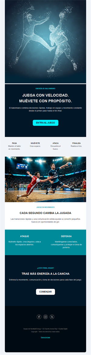 Email dinámico de club de balonmano