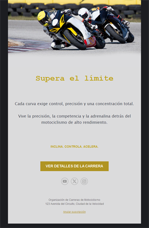 Email con detalles de carrera de motos