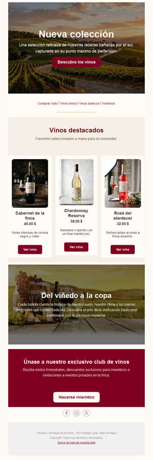 Email de vinos destacados y club de vinos