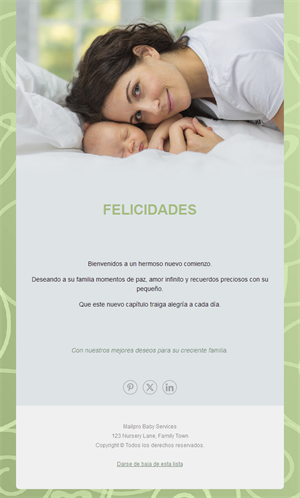 Email verde de felicitación por nacimiento