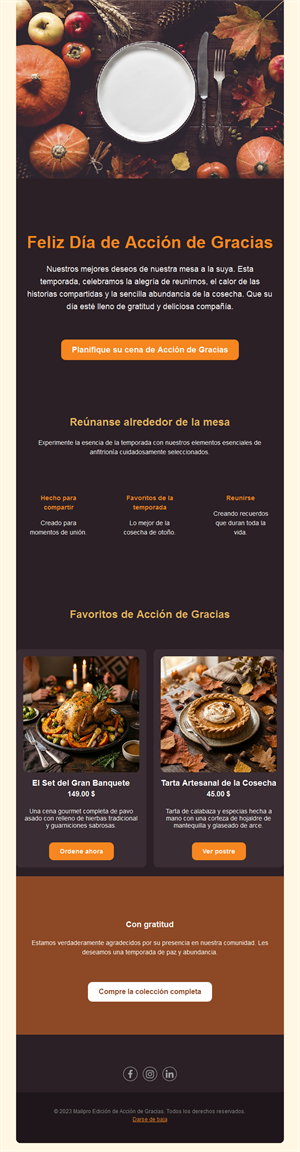 Email para planificar la cena de Acción de Gracias