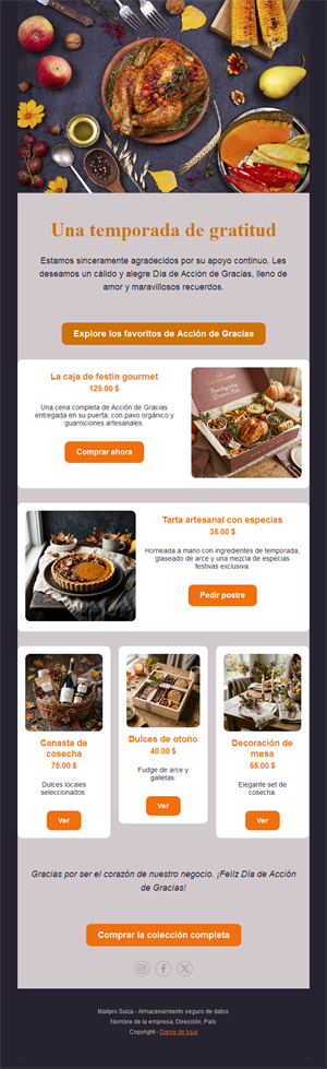 Email de productos gourmet de Acción de Gracias