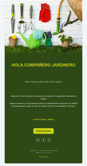 Email verde oscuro de jardinería con herramientas