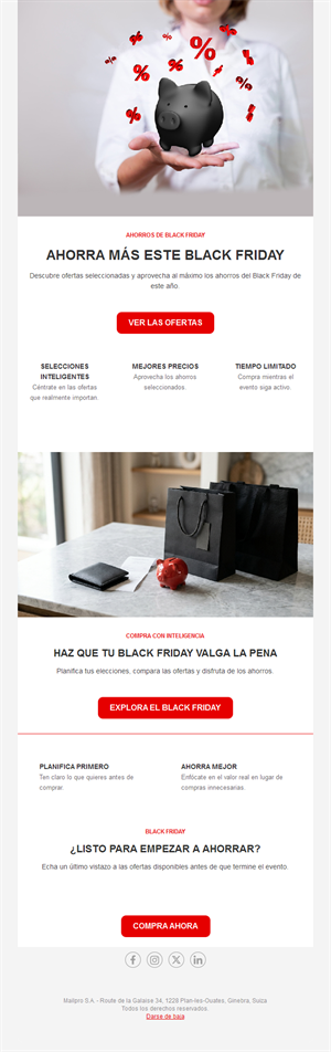 Email de consejos de ahorro Black Friday