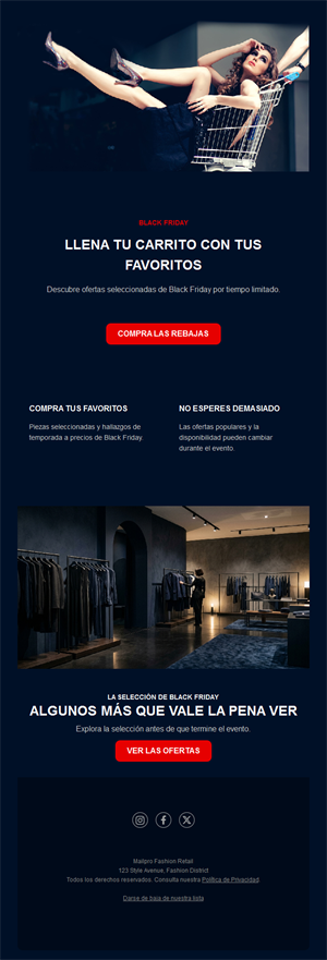 Email azul marino de compras Black Friday