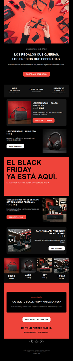 Email rojo de regalos y ofertas Black Friday