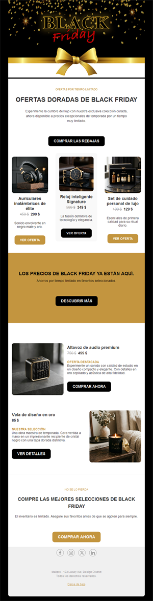 Email negro y dorado de ofertas Black Friday