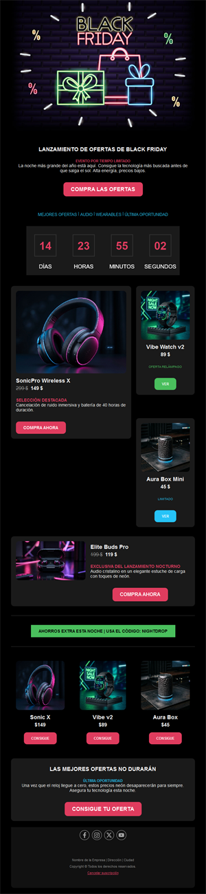 Email neón de ofertas tecnológicas Black Friday