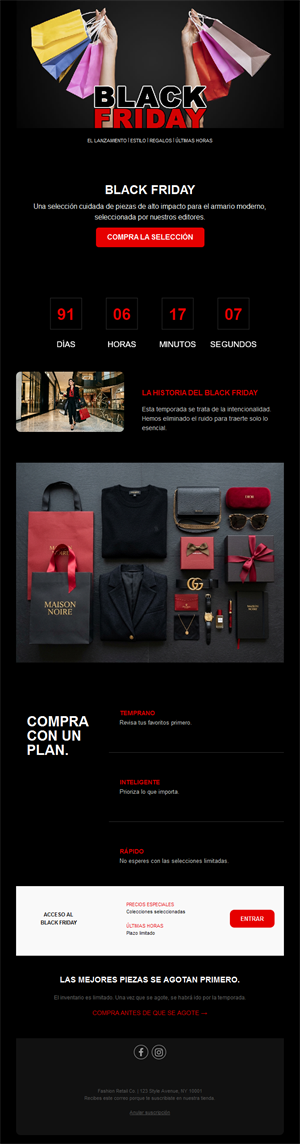Email de moda Black Friday con cuenta atrás
