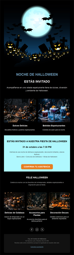 Email para noche de Halloween con menú