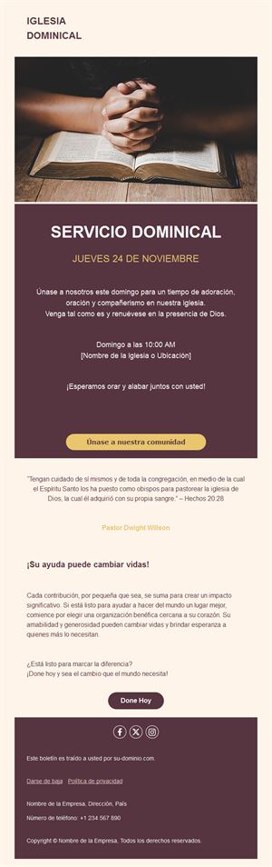 Email de iglesia para el servicio dominical