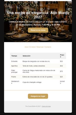 Invitación por email a la cena de Nochevieja 2027