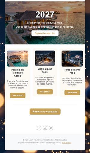 Plantilla de email de escapadas de Año Nuevo 2027