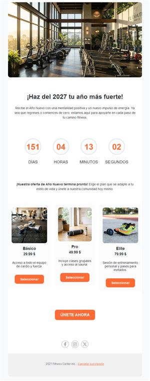 Email de Año Nuevo 2027 para gimnasios y fitness