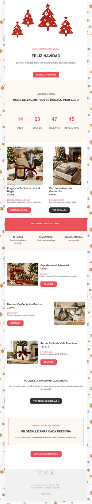 Email navideño con cuenta atrás e ideas de regalo