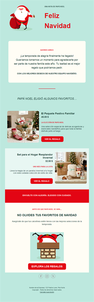Email de Papá Noel con selección de regalos