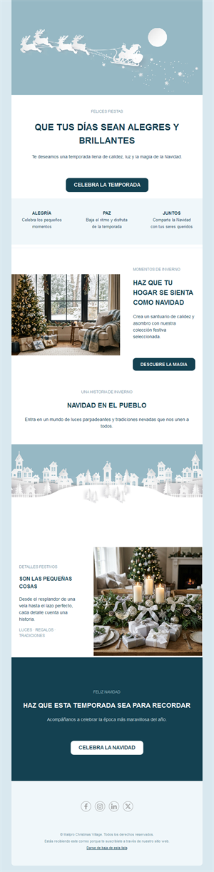 Email de felicitación navideña con pueblo nevado