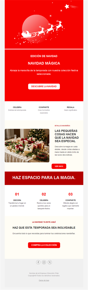 Email navideño rojo con el trineo de Papá Noel