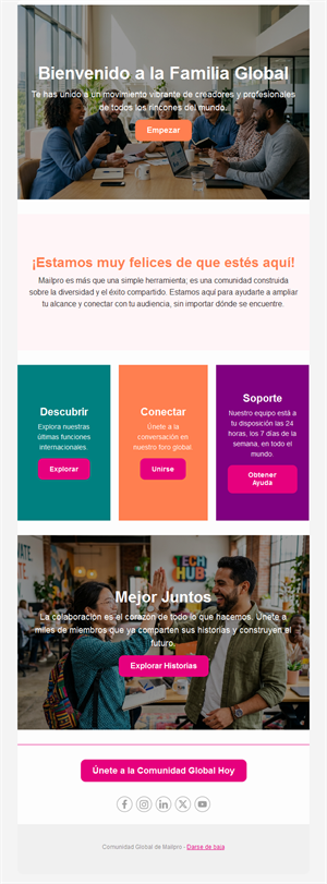 Email de bienvenida a una comunidad global