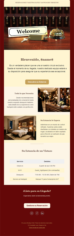 Email de bienvenida para huéspedes de hotel