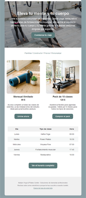 Email de bonos y horario de yoga y pilates