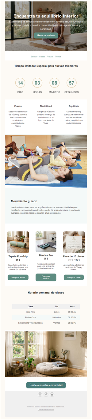 Email de oferta para nuevos socios de pilates