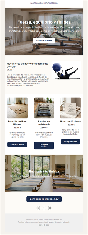 Email de clases y tienda de estudio de pilates