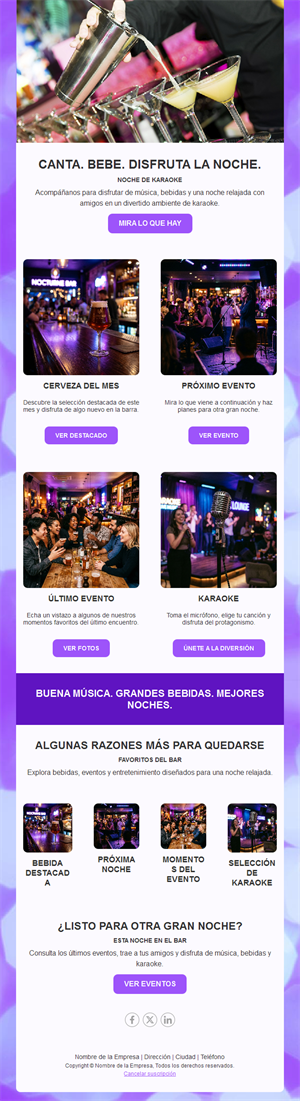 Newsletter de noche de karaoke y eventos del bar