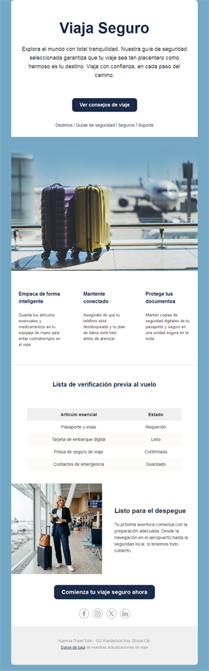 Email de consejos de seguridad para viajar