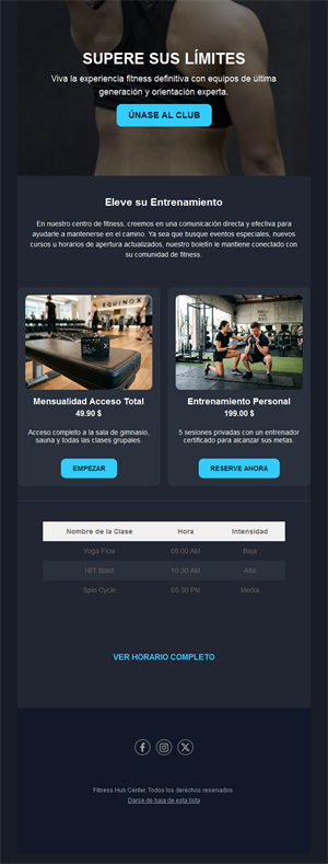 Newsletter de club de fitness con horario